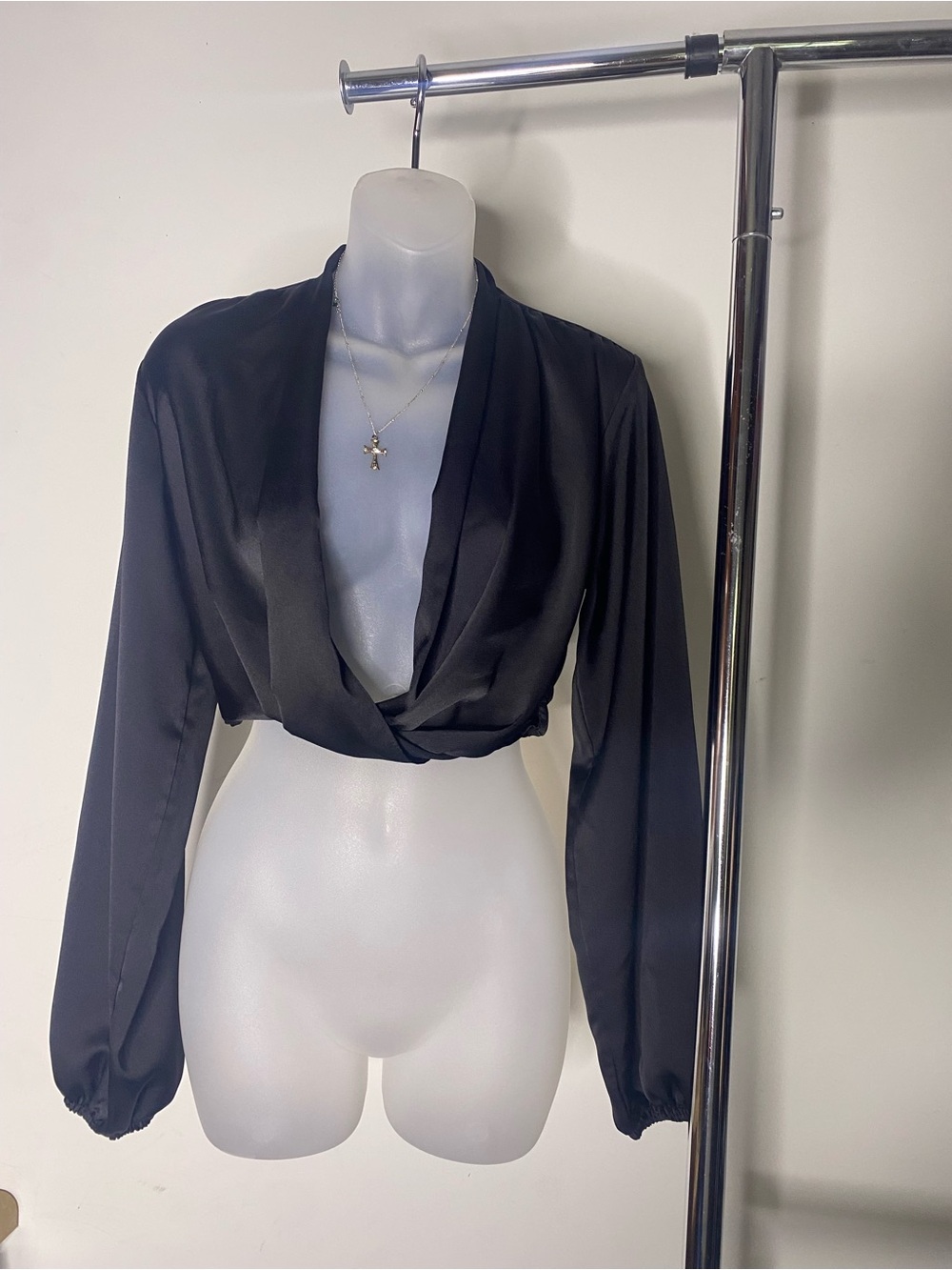 Made in Brazil Black Satin Draped Long-Sleeve Crop Blouse - Women